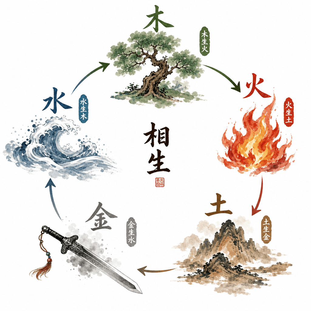 五行生克关系新中式插画